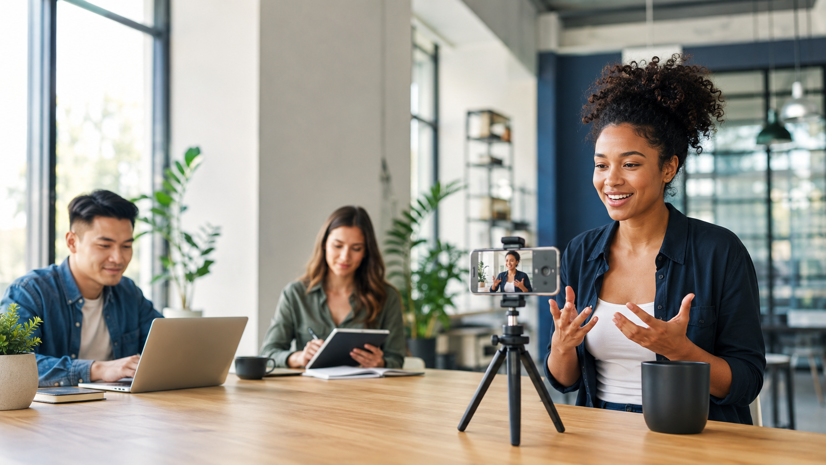 Diverse early-stage founders and small-business builders discussing ideas and recording a short pitch in a modern startup workspace.